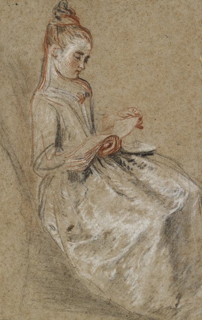 Mädchen sitzt mit einem Musikbuch auf dem Schoß von Jean Antoine Watteau